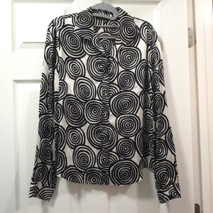 Lafayette 148 Small 100% Silk Shirt Off White and Black Spiral Optical Deisgn
